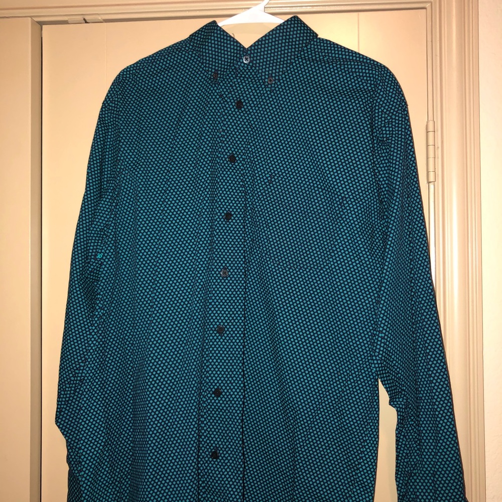 Turquoise and navy blue button down shirt